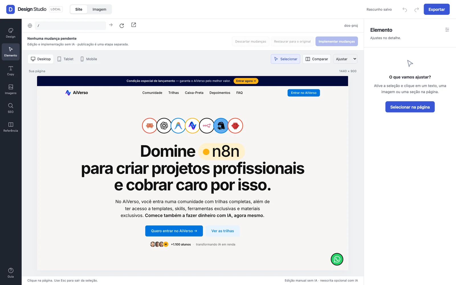 Design Studio editando o site do AiVerso