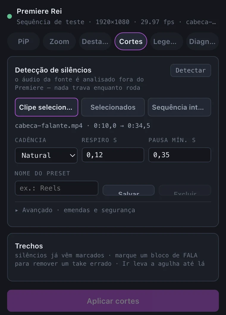 Painel do Premiere Rei: detecção de silêncios e cortes